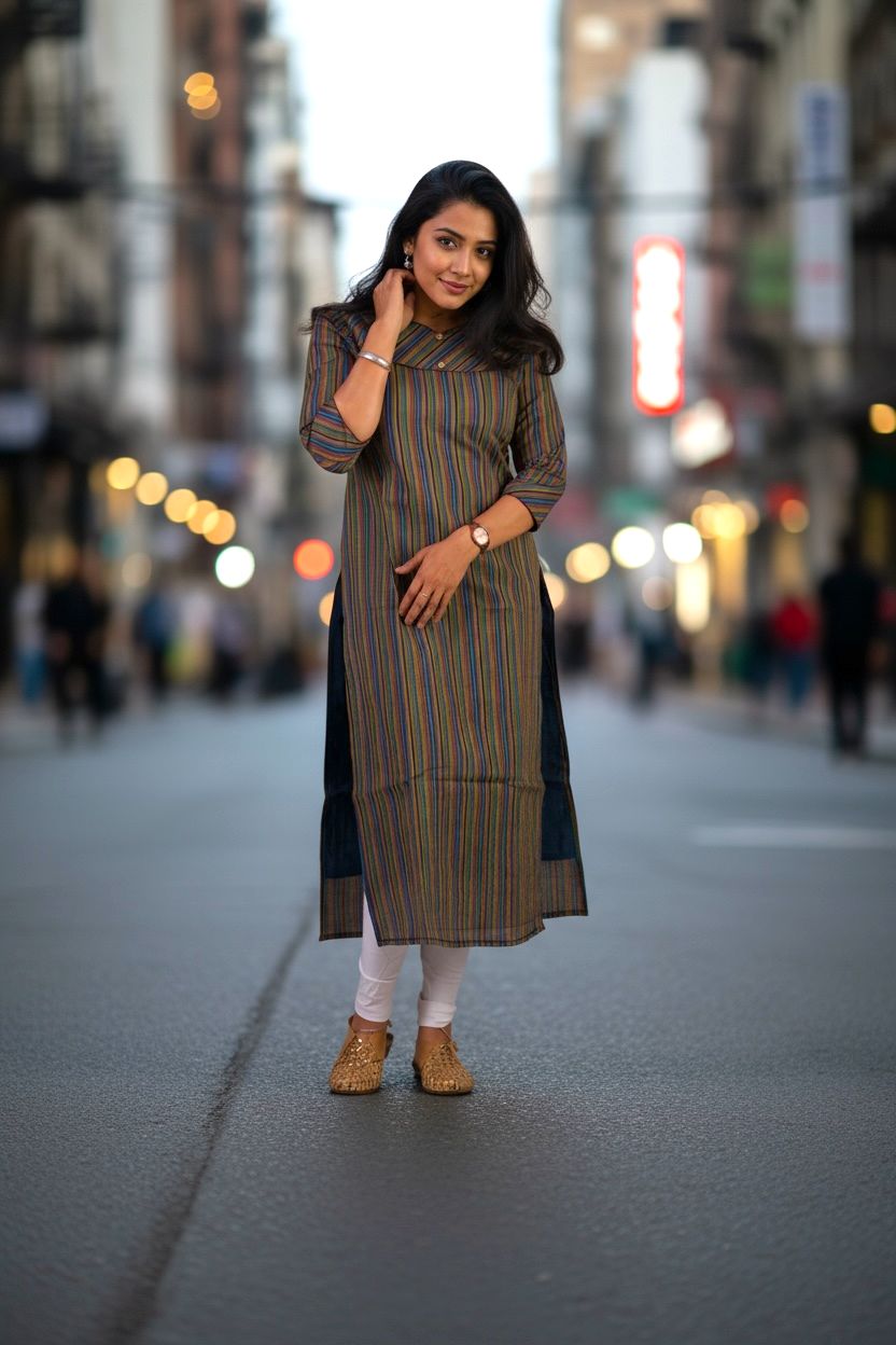 Striped Straight Cotton Kurti with Printed Border | Daily Ethnic Wear