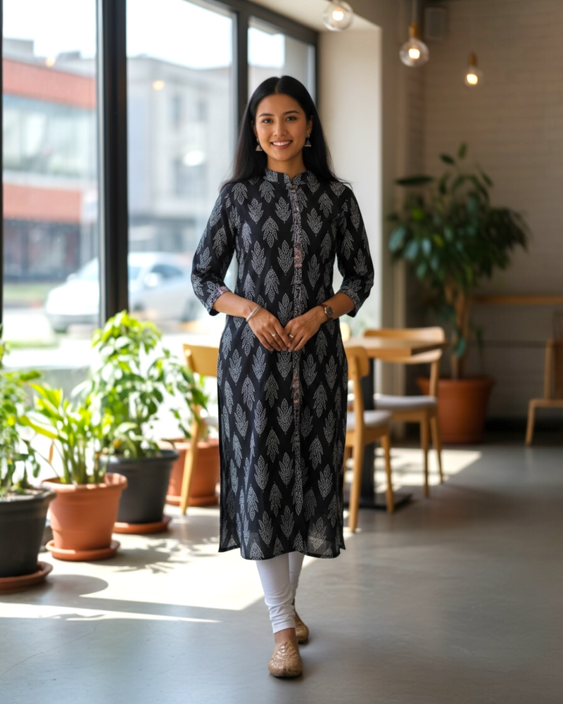 Black Printed high-neck Kurta | NIYA Ethnic Wear for Women