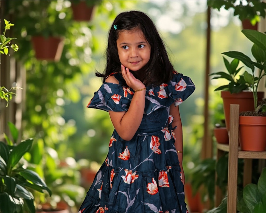 Navy Blue Printed Girls Frock | Soft Cotton Kids Summer Dress