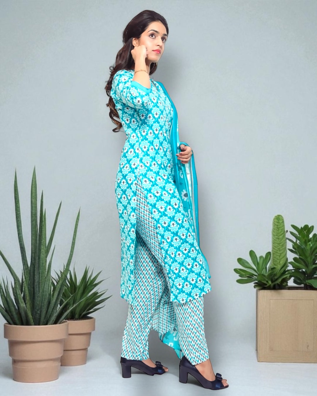 Blue Cotton Printed 3-piece Set | NIYA Ethnic Wear for Women