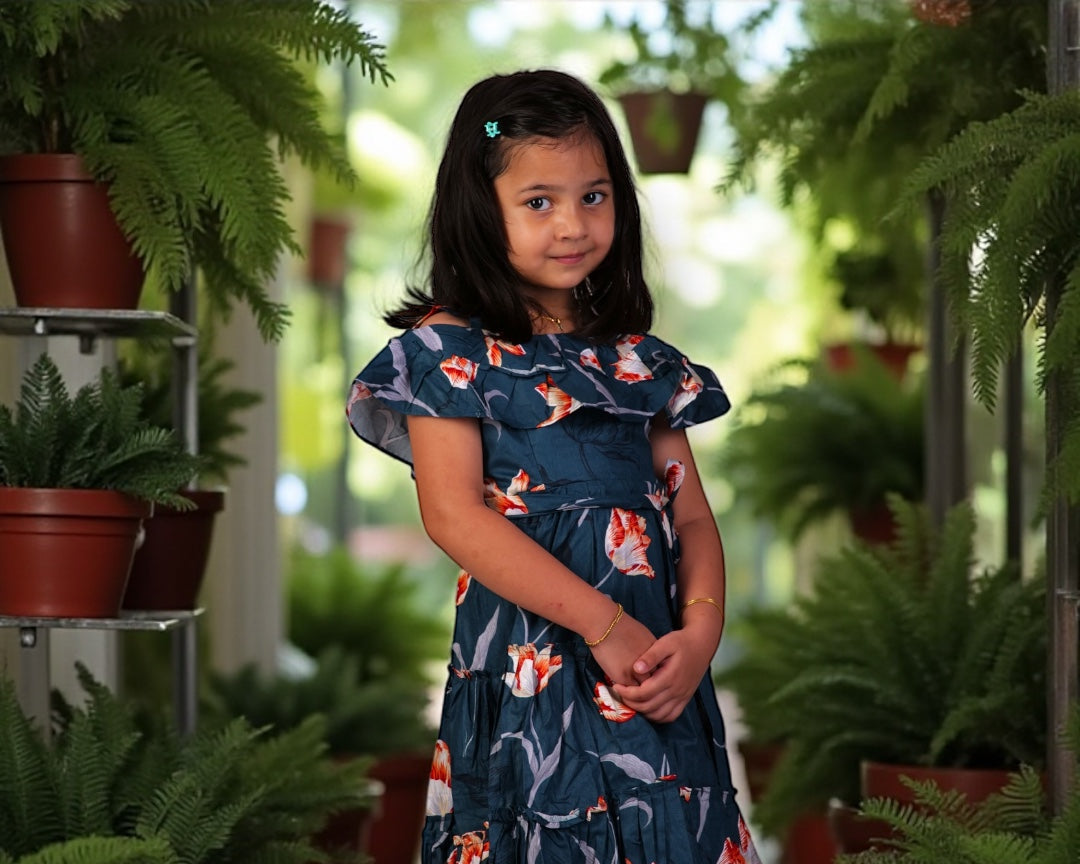 Navy Blue Printed Girls Frock | Soft Cotton Kids Summer Dress