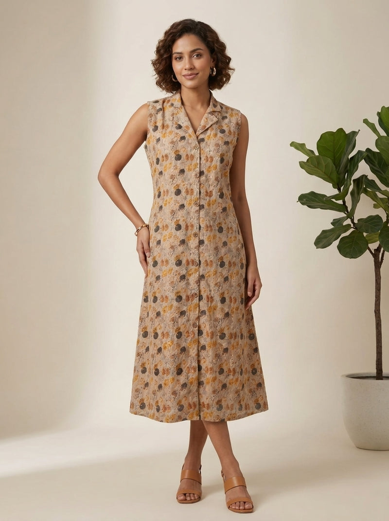 C3012 | Beige Abstract Printed Schiffli Hacoba Cotton Sleeveless Kurti | Kurti