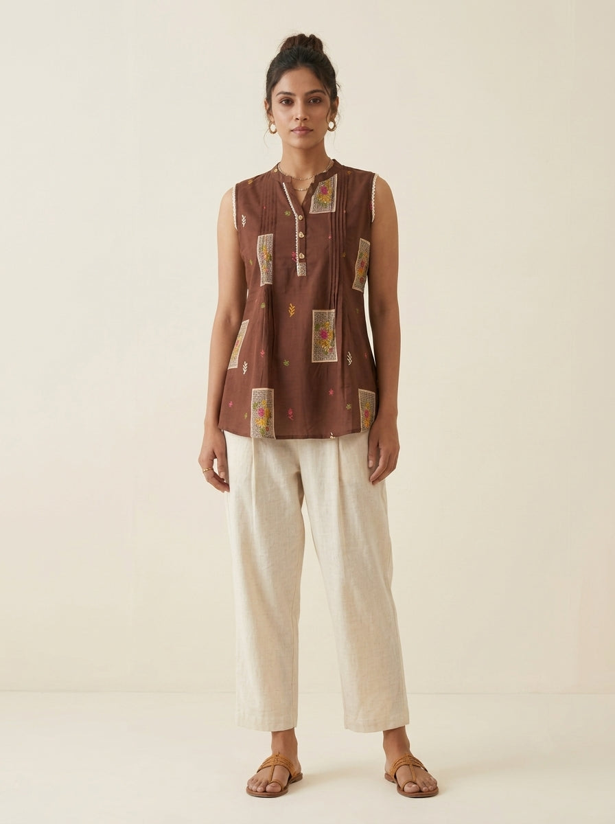 C5005 | Chocolate Brown Block Printed Cambric Cotton Sleeveless Hip Top | Top
