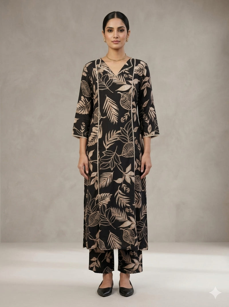 C3016 | Black & Gold Tropical Leaf Printed Rayon Co-Ord Set | Co-Ord Set