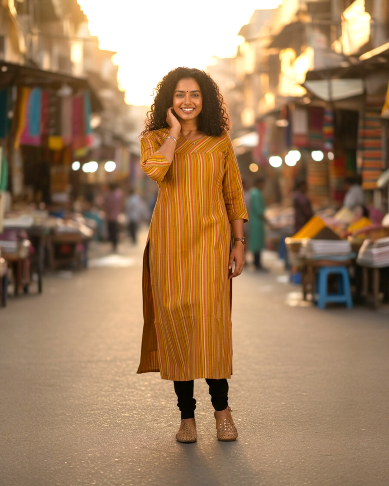 Mustard Yellow Striped Straight Kurti | Multicolor Vertical Stripe Tunic