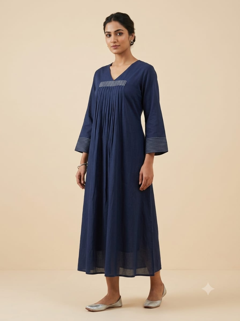C3015 | Navy Blue Embroidered Giza Cotton Long Kurti | Premium Ethnic Wear