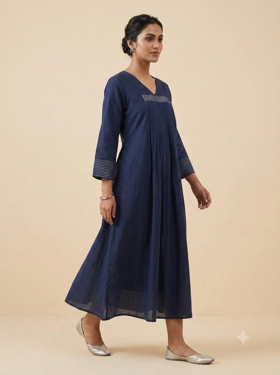 C3015 | Navy Blue Embroidered Giza Cotton Long Kurti | Premium Ethnic Wear