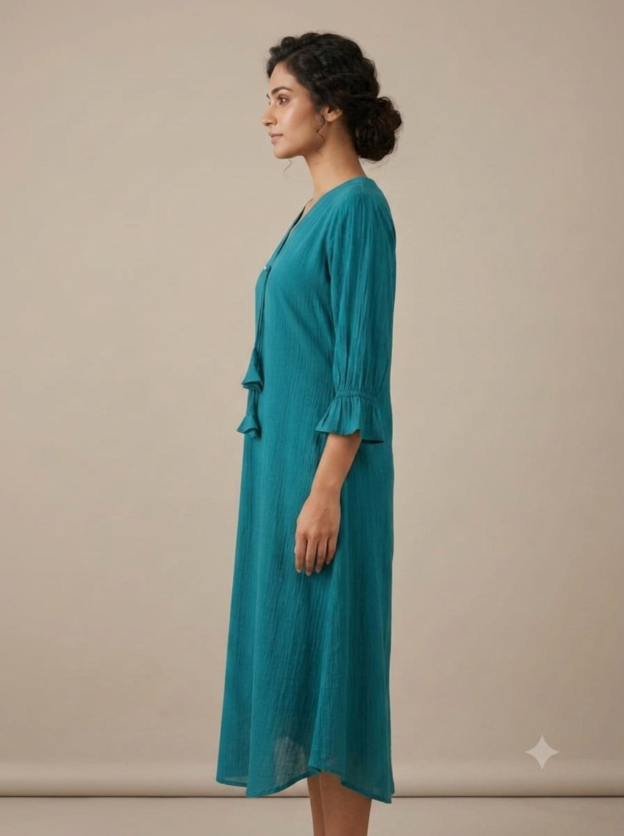 C3026 | Teal Blue Milano Fabric Long Kurti with Tassels | Premium Ethnic Wear