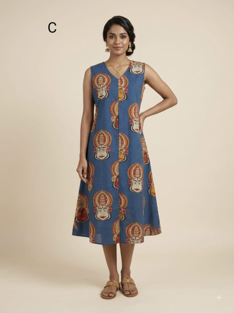 C3032 | Slate Blue Kathakali Print Sleeveless Slub Cotton Kurti