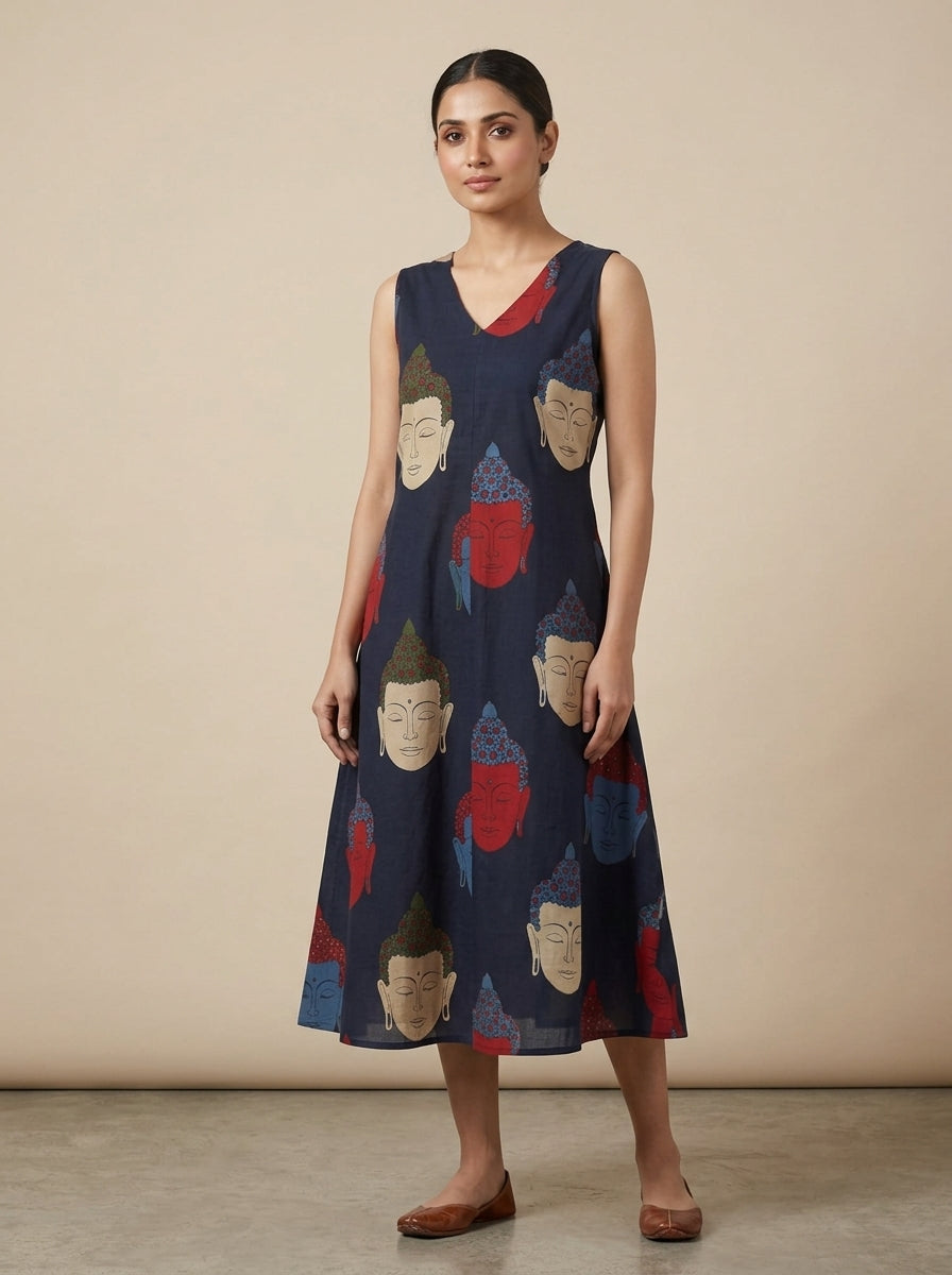 C3033 | Artistic Buddha Print Sleeveless Long Kurti