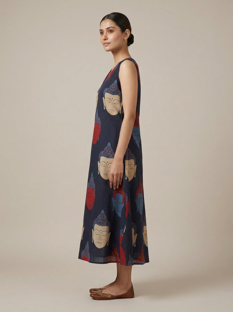 C3033 | Artistic Buddha Print Sleeveless Long Kurti