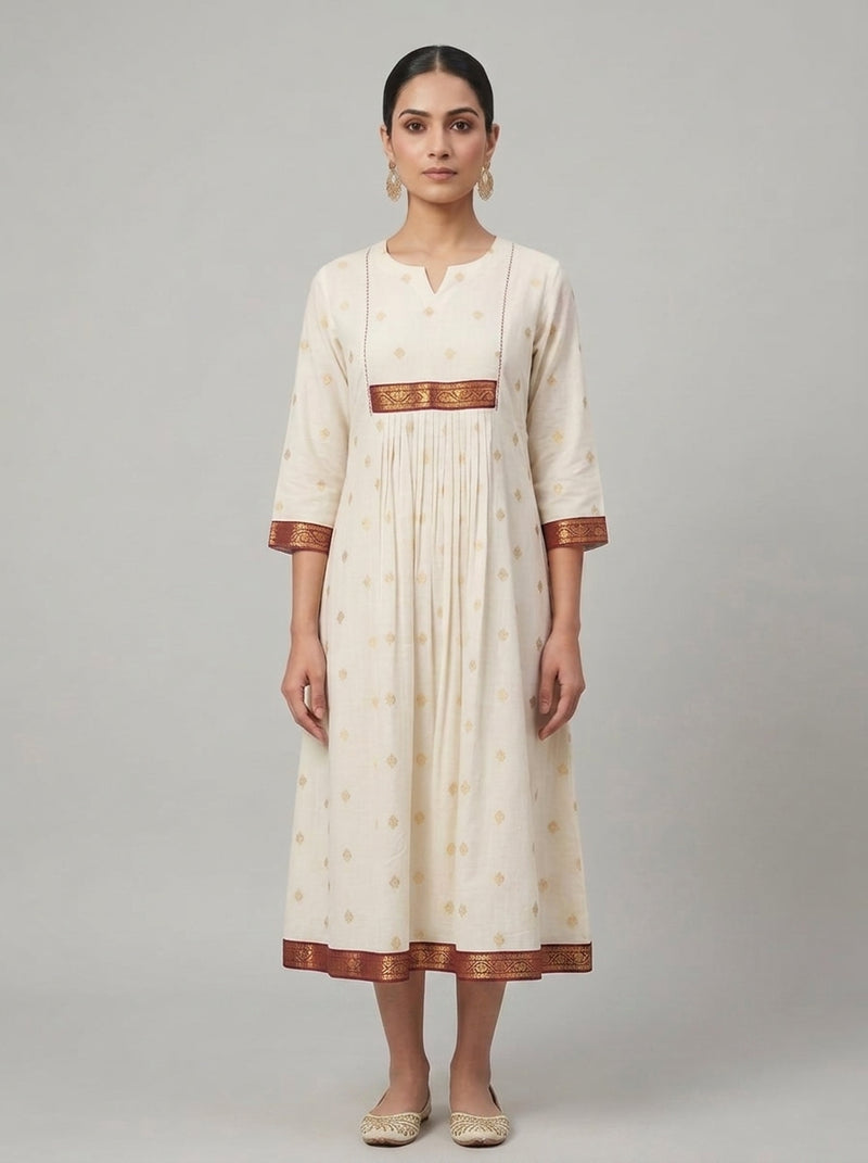 C3037 | Off-White Zari Printed Cotton Long Kurti with Maroon Yoke Border