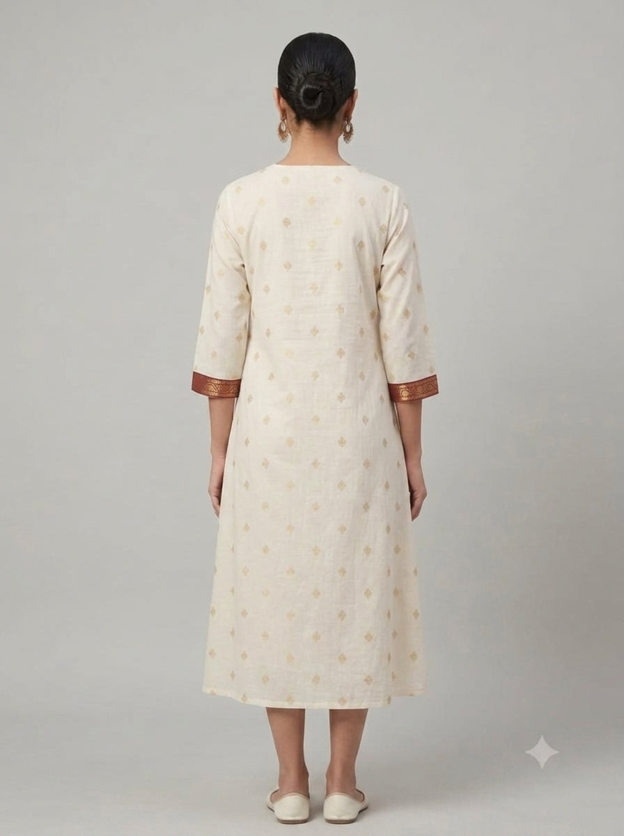 C3037 | Off-White Zari Printed Cotton Long Kurti with Maroon Yoke Border