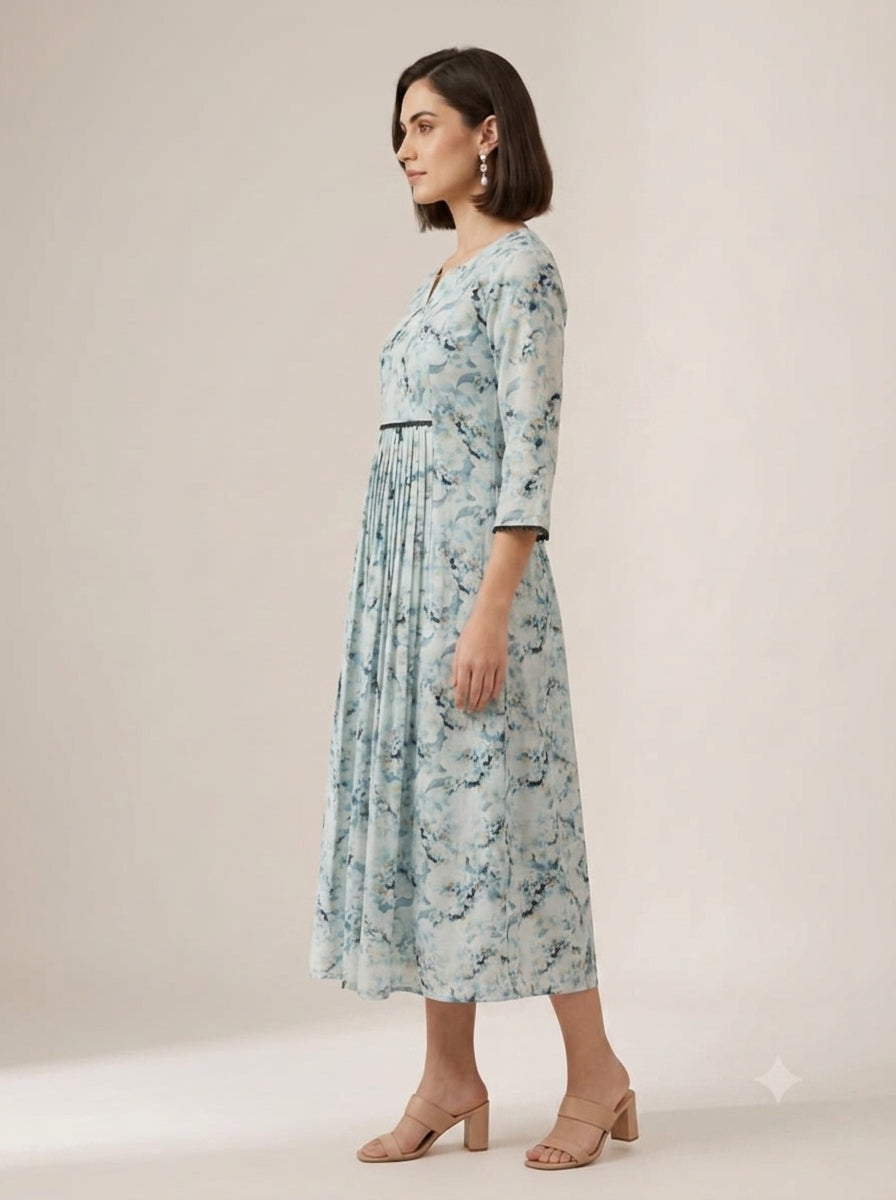 C4003 | Sky Blue Floral Cotton Linen Slub Feeding Kurti | Maternity Wear