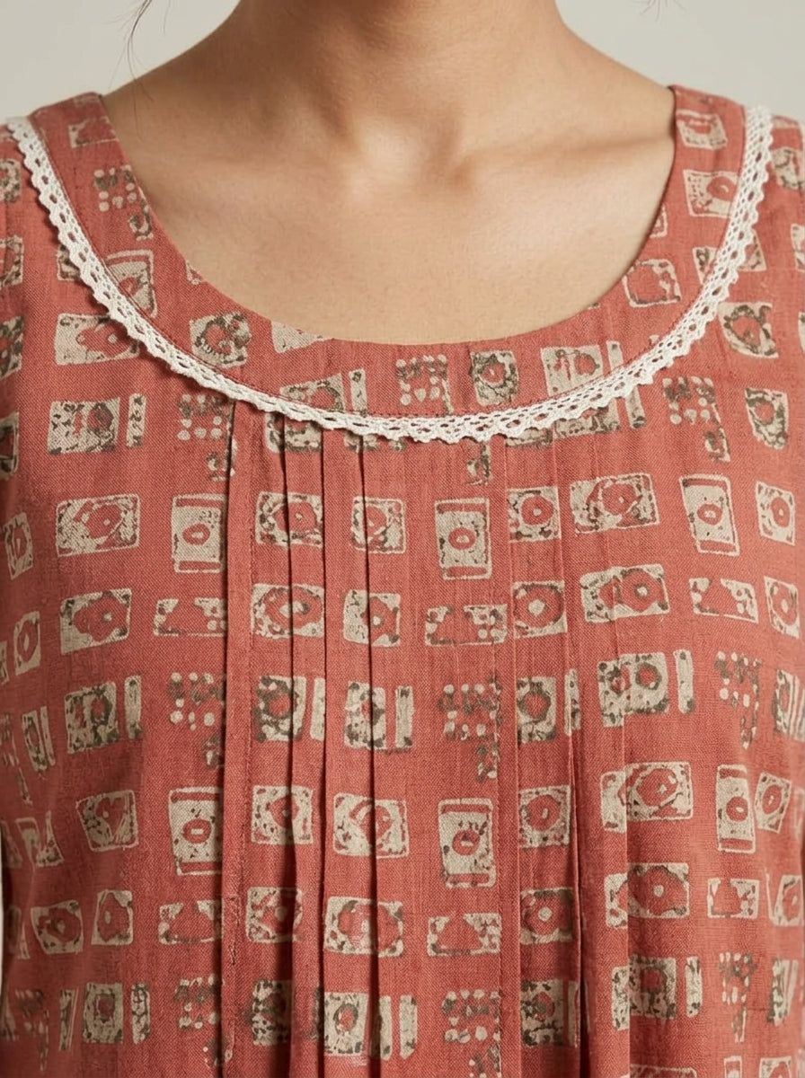 C8002 | Terracotta Block Printed Cambric Cotton Sleeveless Frock Dress | Dress