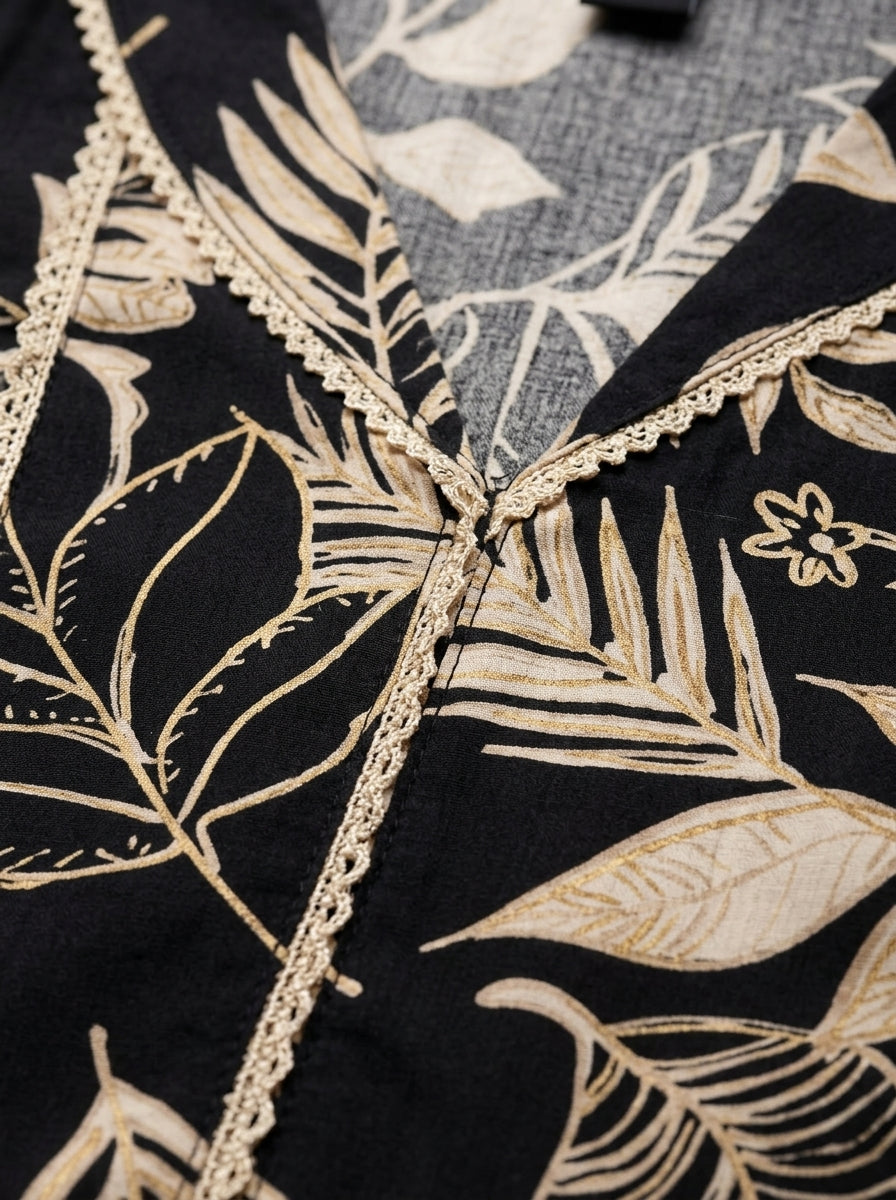 C3016 | Black & Gold Tropical Leaf Printed Rayon Co-Ord Set | Co-Ord Set