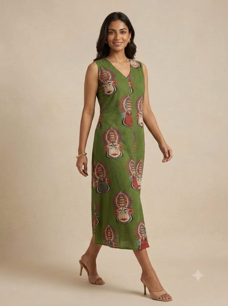 C3032 | Green Kathakali Print Sleeveless Slub Cotton Kurti