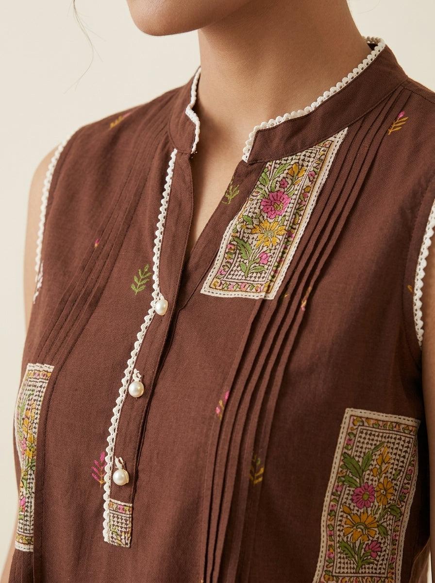 C5005 | Chocolate Brown Block Printed Cambric Cotton Sleeveless Hip Top | Top