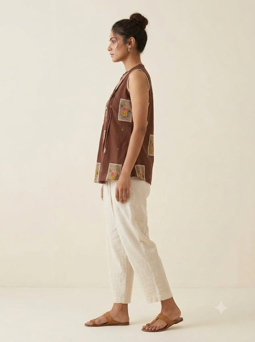 C5005 | Chocolate Brown Block Printed Cambric Cotton Sleeveless Hip Top | Top