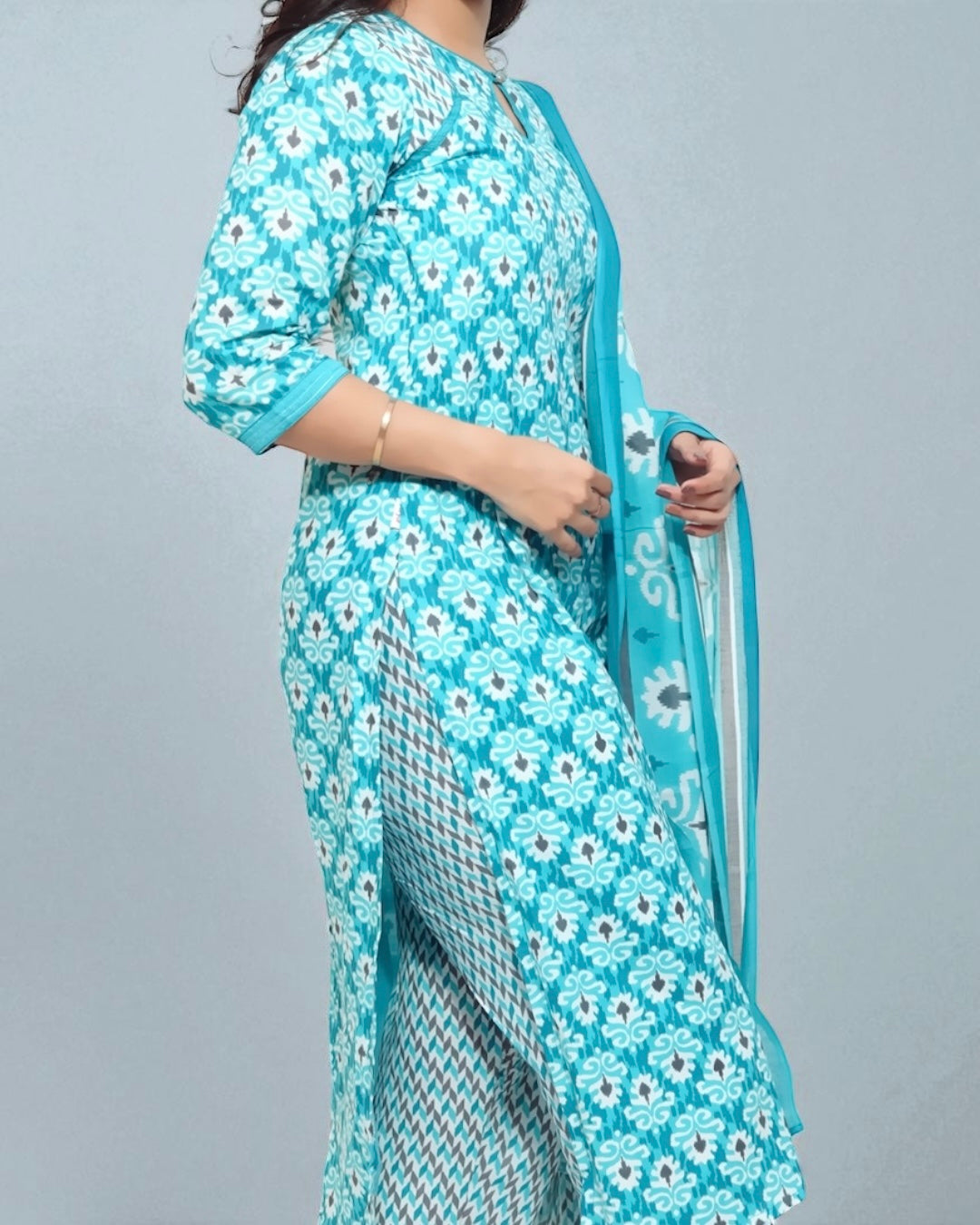 Blue Cotton Printed 3-piece Set | NIYA Ethnic Wear for Women