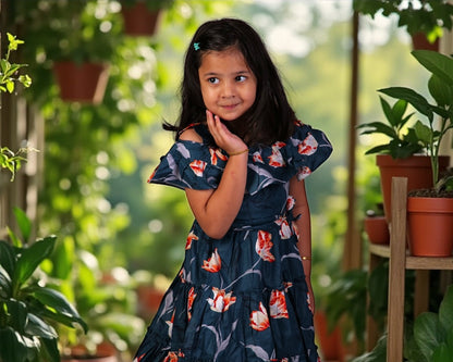 Navy Blue Printed Girls Frock | Soft Cotton Kids Summer Dress
