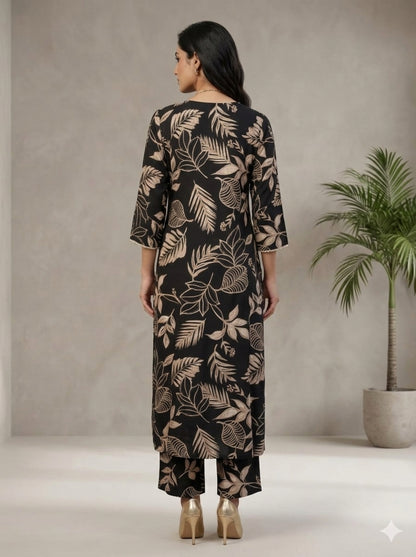 C3016 | Black & Gold Tropical Leaf Printed Rayon Co-Ord Set | Co-Ord Set