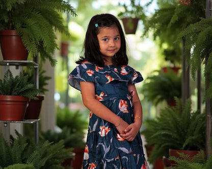 Navy Blue Printed Girls Frock | Soft Cotton Kids Summer Dress