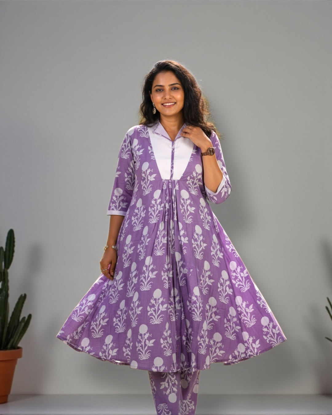 Lavender Printed Cotton Co-Ord Set | 2-Piece Kurta & Trousers Set