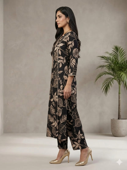 C3016 | Black & Gold Tropical Leaf Printed Rayon Co-Ord Set | Co-Ord Set