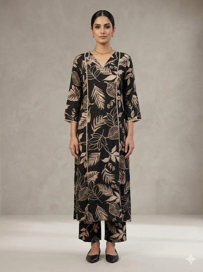C3016 | Black & Gold Tropical Leaf Printed Rayon Co-Ord Set | Co-Ord Set
