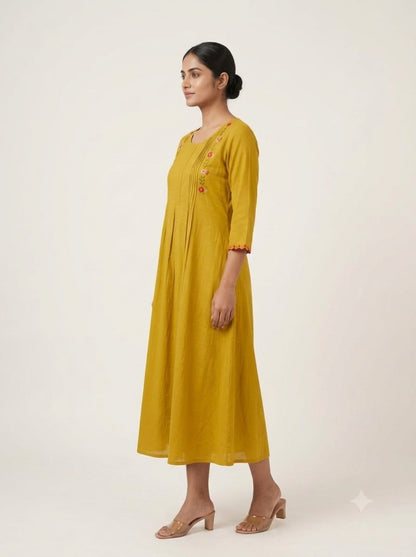 C3020 | Mustard Ochre Floral Embroidered Giza Cotton Kurti | Kurti
