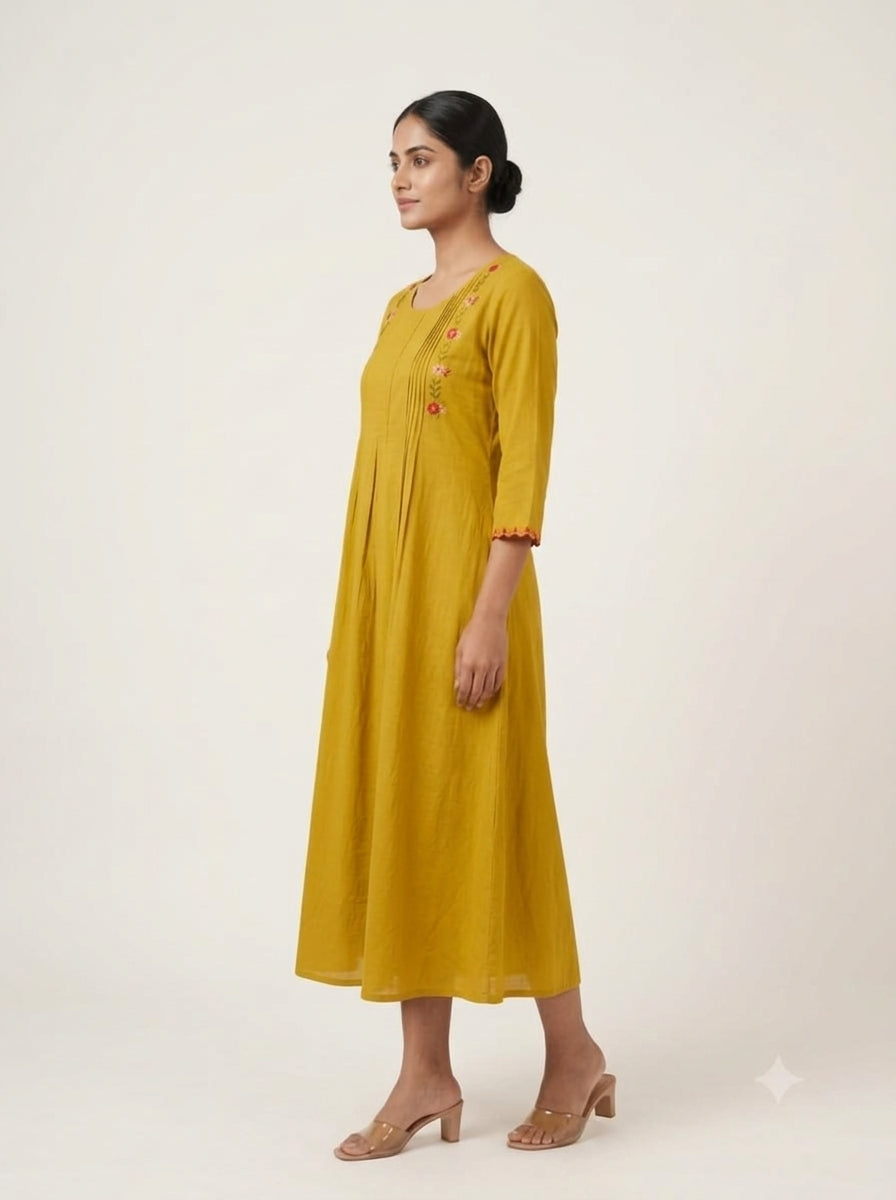 C3020 | Mustard Ochre Floral Embroidered Giza Cotton Kurti | Kurti