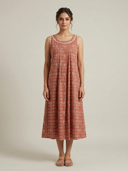 C8002 | Terracotta Block Printed Cambric Cotton Sleeveless Frock Dress | Dress