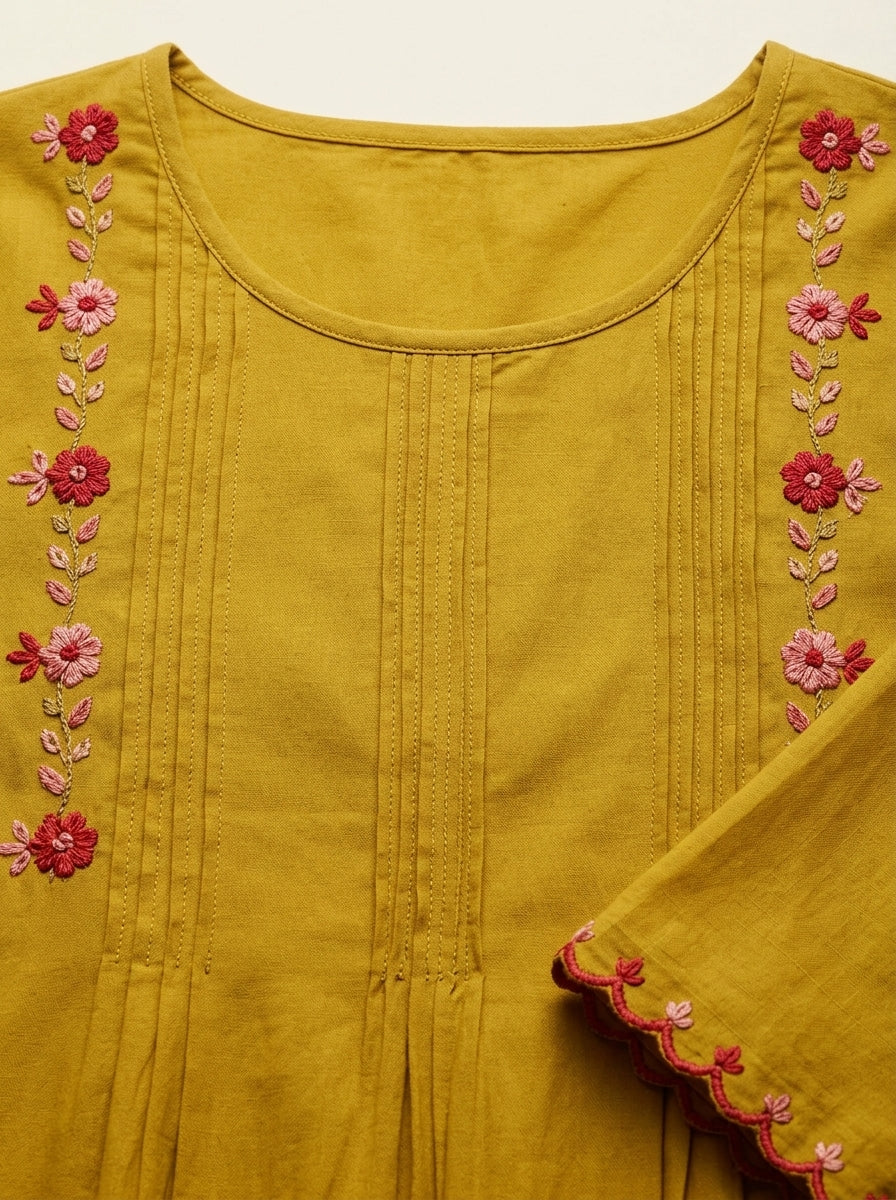 C3020 | Mustard Ochre Floral Embroidered Giza Cotton Kurti | Kurti