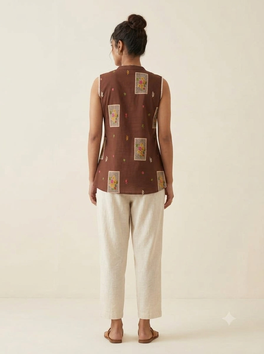 C5005 | Chocolate Brown Block Printed Cambric Cotton Sleeveless Hip Top | Top