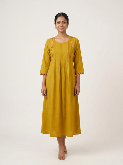 C3020 | Mustard Ochre Floral Embroidered Giza Cotton Kurti | Kurti