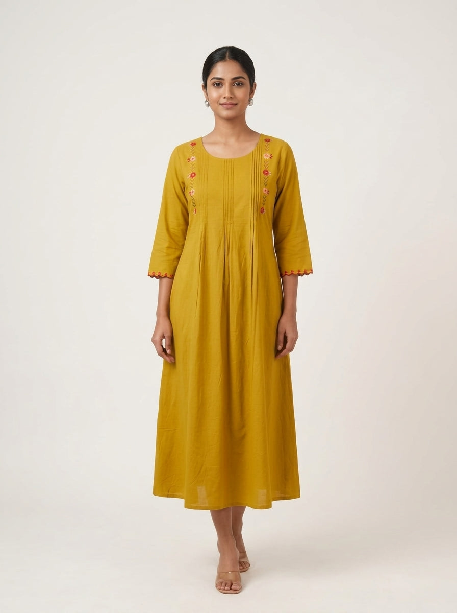 C3020 | Mustard Ochre Floral Embroidered Giza Cotton Kurti | Kurti