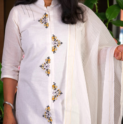 White Embroidered Handwork Kurti with Dupatta | 2-Piece Ethnic Set
