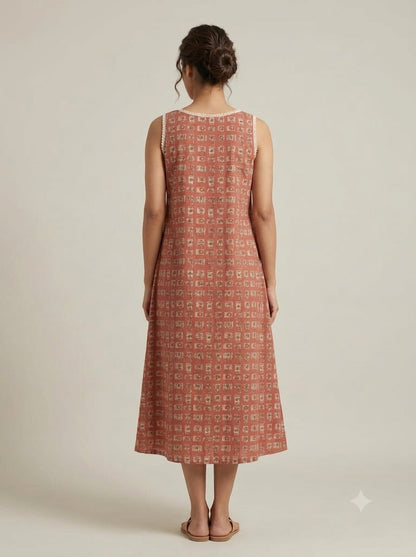 C8002 | Terracotta Block Printed Cambric Cotton Sleeveless Frock Dress | Dress