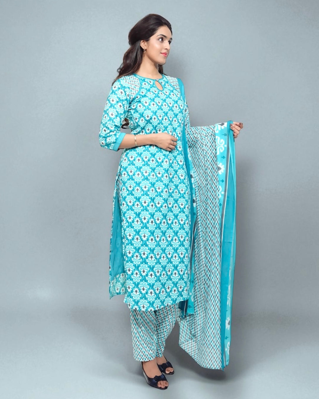 Blue Cotton Printed 3-piece Set | NIYA Ethnic Wear for Women