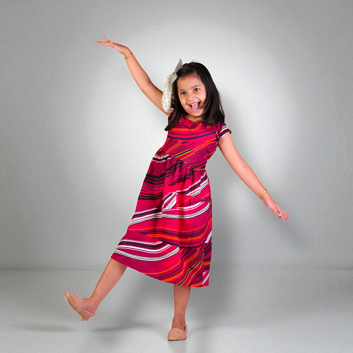 Girls Pink & Red Striped Midi Dress | Sleeveless Summer Cotton Frock