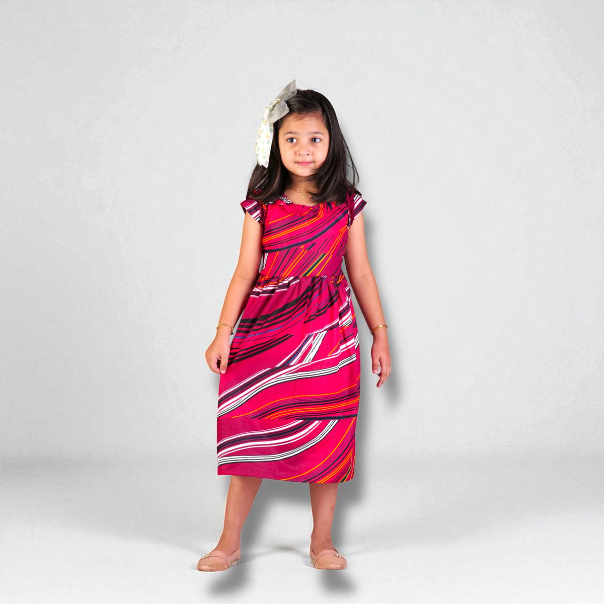 Girls Pink & Red Striped Midi Dress | Sleeveless Summer Cotton Frock