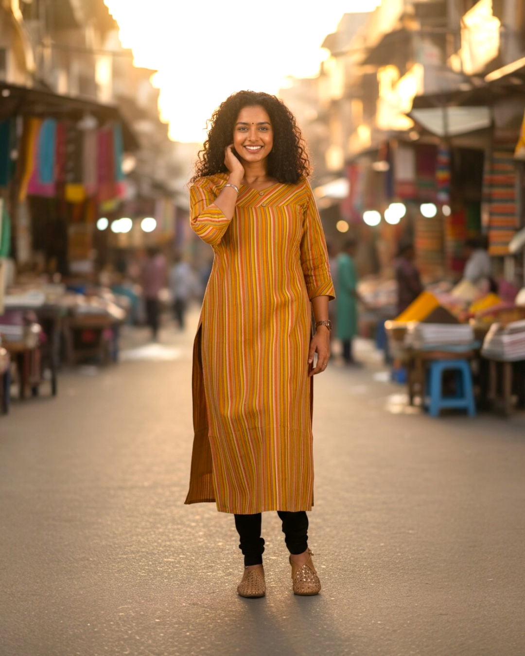 Mustard Yellow Striped Straight Kurti | Multicolor Vertical Stripe Tunic