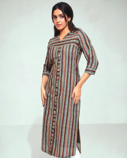 Striped Cotton Long Straight Kurta | Breathable Ethnic Workwear