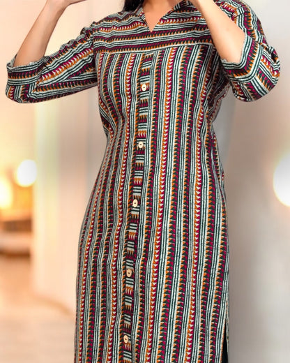 Striped Cotton Long Straight Kurta | Breathable Ethnic Workwear