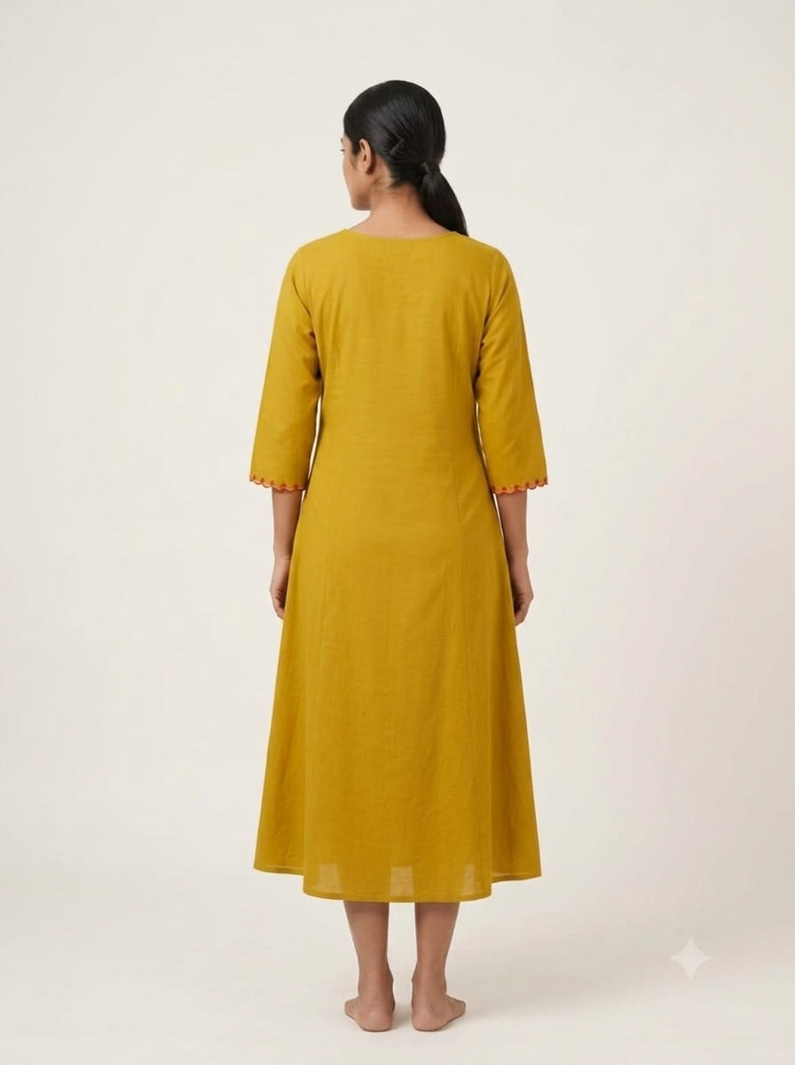 C3020 | Mustard Ochre Floral Embroidered Giza Cotton Kurti | Kurti