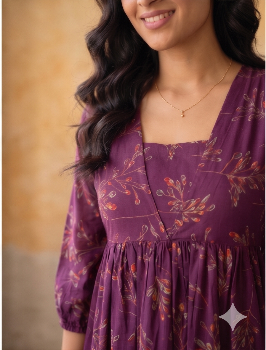 B3193 | Rayon Straight Kurti with Patch & Gather Detailing | Ethnic Wear