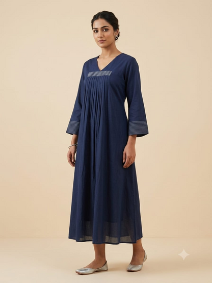 C3015 | Navy Blue Embroidered Giza Cotton Long Kurti | Premium Ethnic Wear