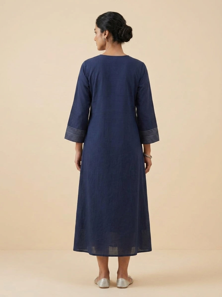 C3015 | Navy Blue Embroidered Giza Cotton Long Kurti | Premium Ethnic Wear