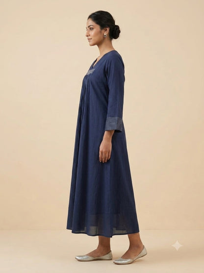 C3015 | Navy Blue Embroidered Giza Cotton Long Kurti | Premium Ethnic Wear